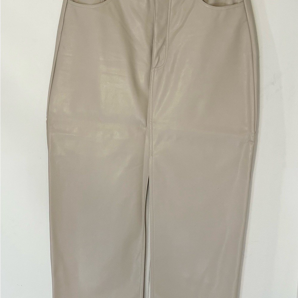 Black Tape_ Light Beige Faux Leather Skirt